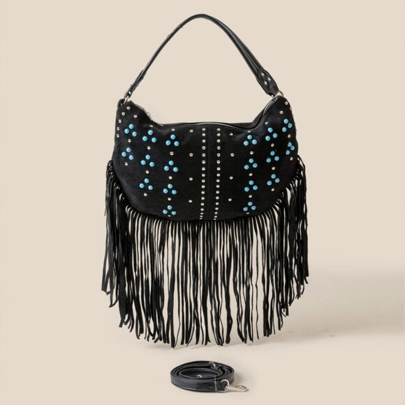Fame Studded Pattern Multi Fringe Hobo Shoulder Bag - Picture 1 of 3
